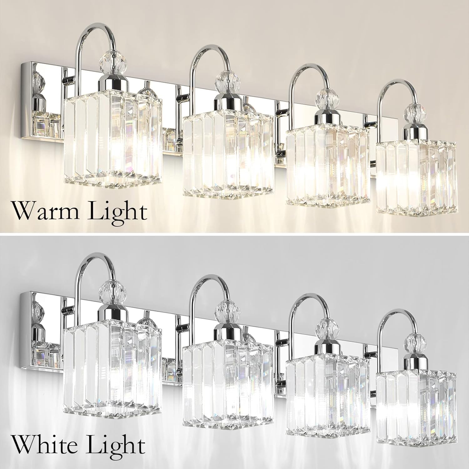 Chrome Crystal Vanity Light for Bathroom 4-Lights 31.5'' Modern Bathroom Wall Lighting Modern Chrome Bathroom Vanity Lighting Over Mirror