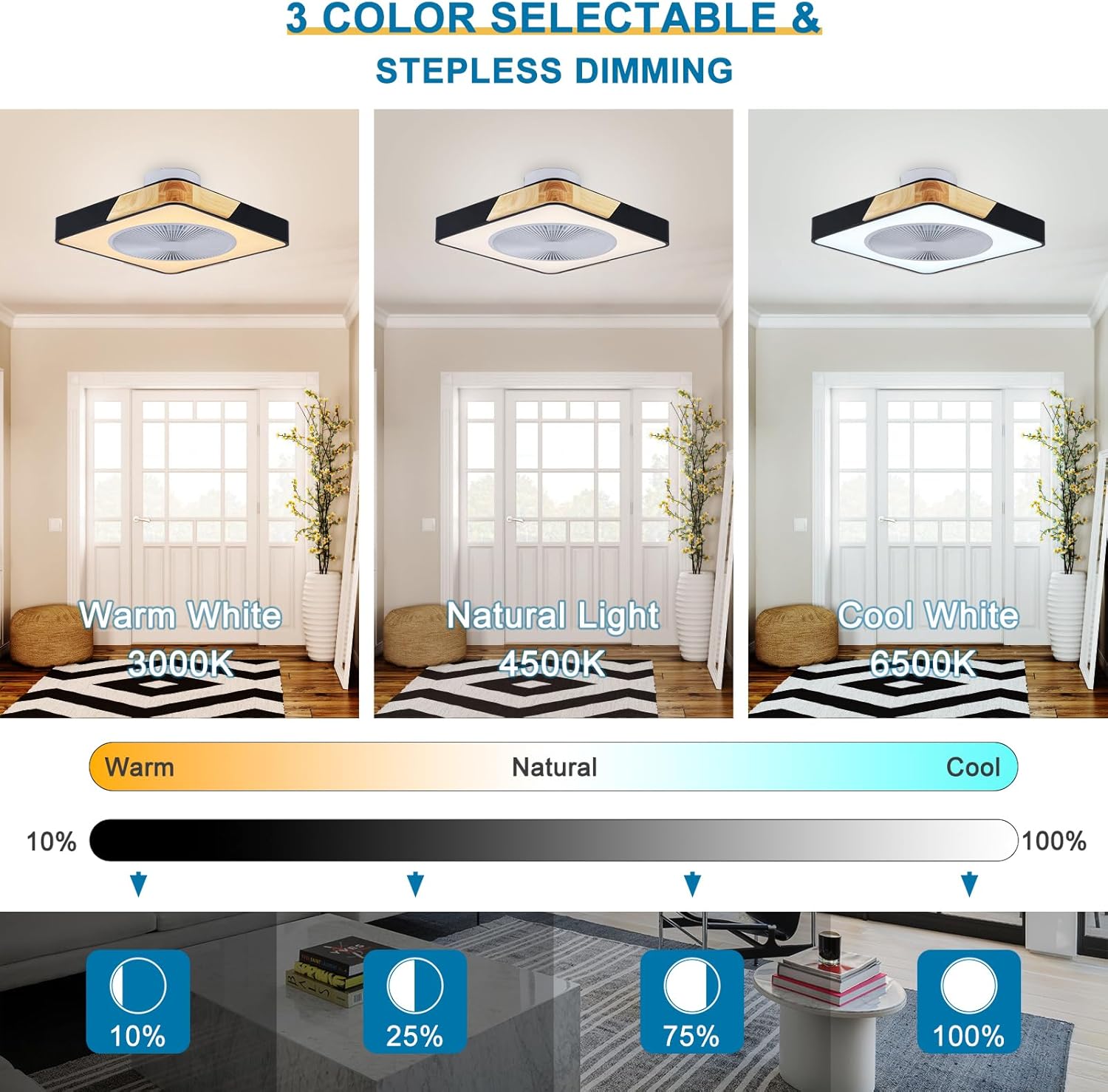 Ceiling Fan Mount for Bedroom: 20 Inch Square Bladeless Ceiling Fan with Light and Remote for Living Room Kitchen Dining Room - Modern Enclosed Led Fandelier with App Timing Dimmable Black