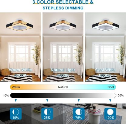 Ceiling Fan Mount for Bedroom: 20 Inch Square Bladeless Ceiling Fan with Light and Remote for Living Room Kitchen Dining Room - Modern Enclosed Led Fandelier with App Timing Dimmable Black