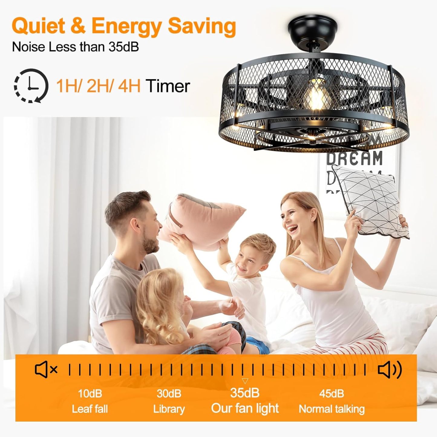 20 Inch Caged Ceiling Fan with Light, Farmhouse Ceiling Fan Lights with Remote, Industrial Ceiling Fans for Living Room, Bedroom, Kitchen, 6 Speeds Wind, Timer, 4xE26 Bulb Base, Black (No Bulb)