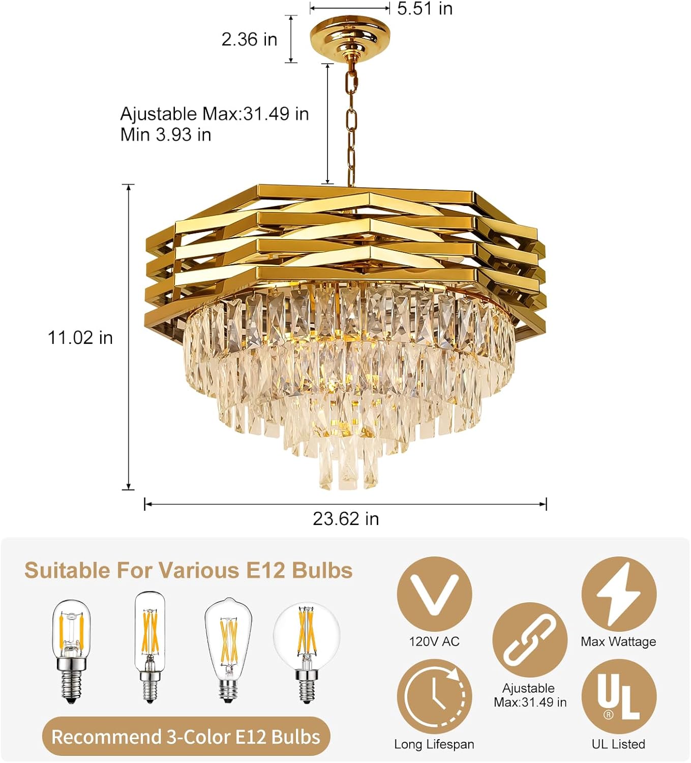24'' Modern Crystal Chandelier, 9 Light Gold Crystal Pendant Light Fixtures, 4-Tier Adjustable Hanging Ceiling Light for Bedroom, Living Room, Dining Room, 3000k E12 Bulbs Included