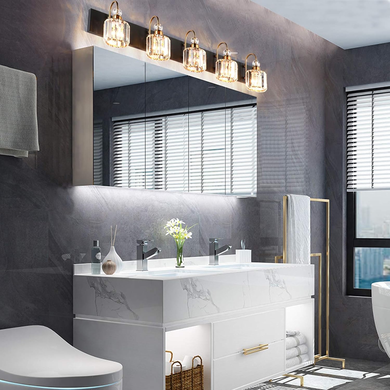 Modern LED Bathroom Vanity Lights 5-Lights Crystal Vanity Lights Over Mirror Modern Black Bathroom Vanity Lighting Fixtures