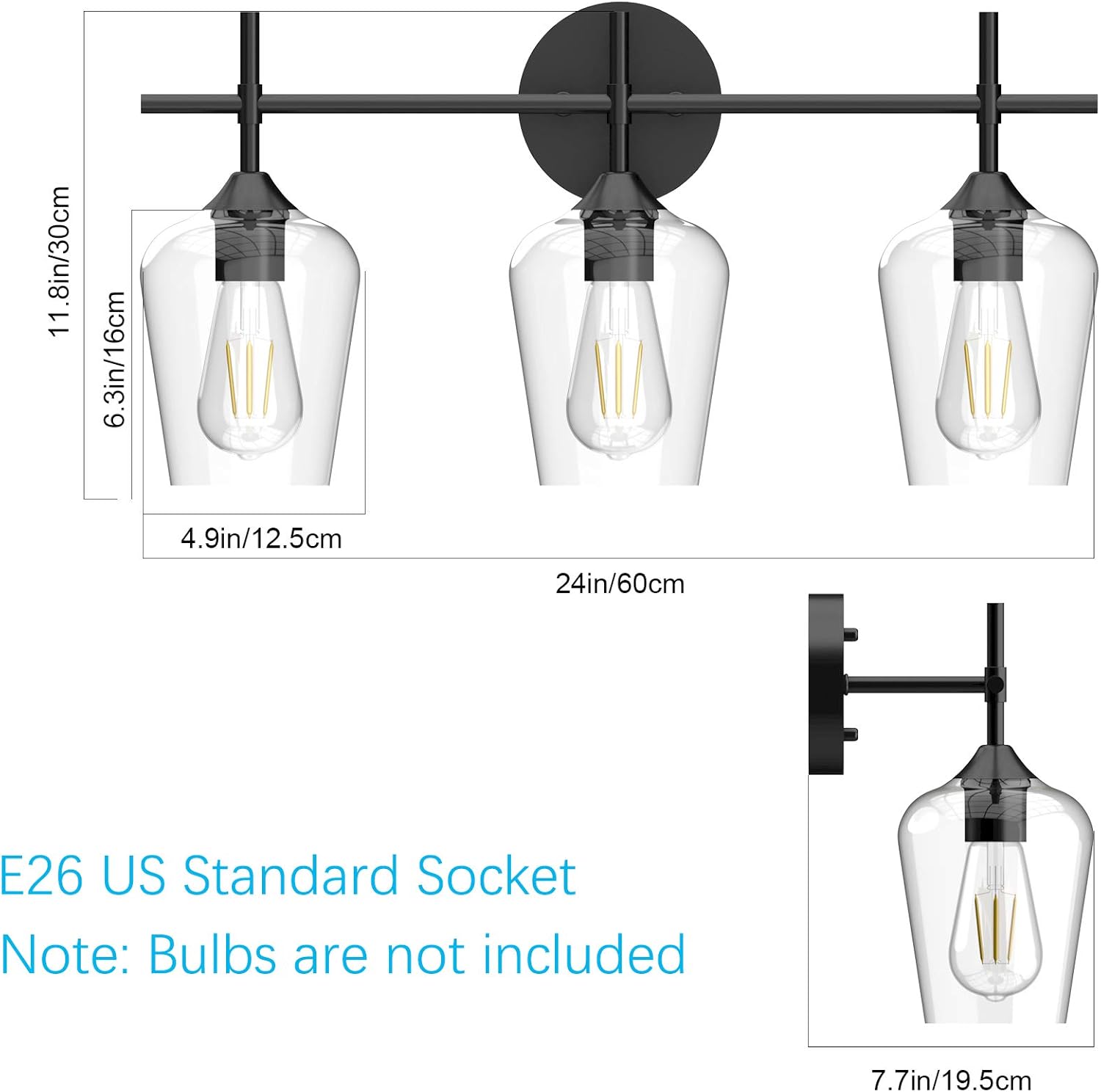 Industrial Bathroom Vanity Light Fixtures 3-Lights Matte Black with Clear Glass Vintage Edison Wall Lamp Light Fixture for Bathroom