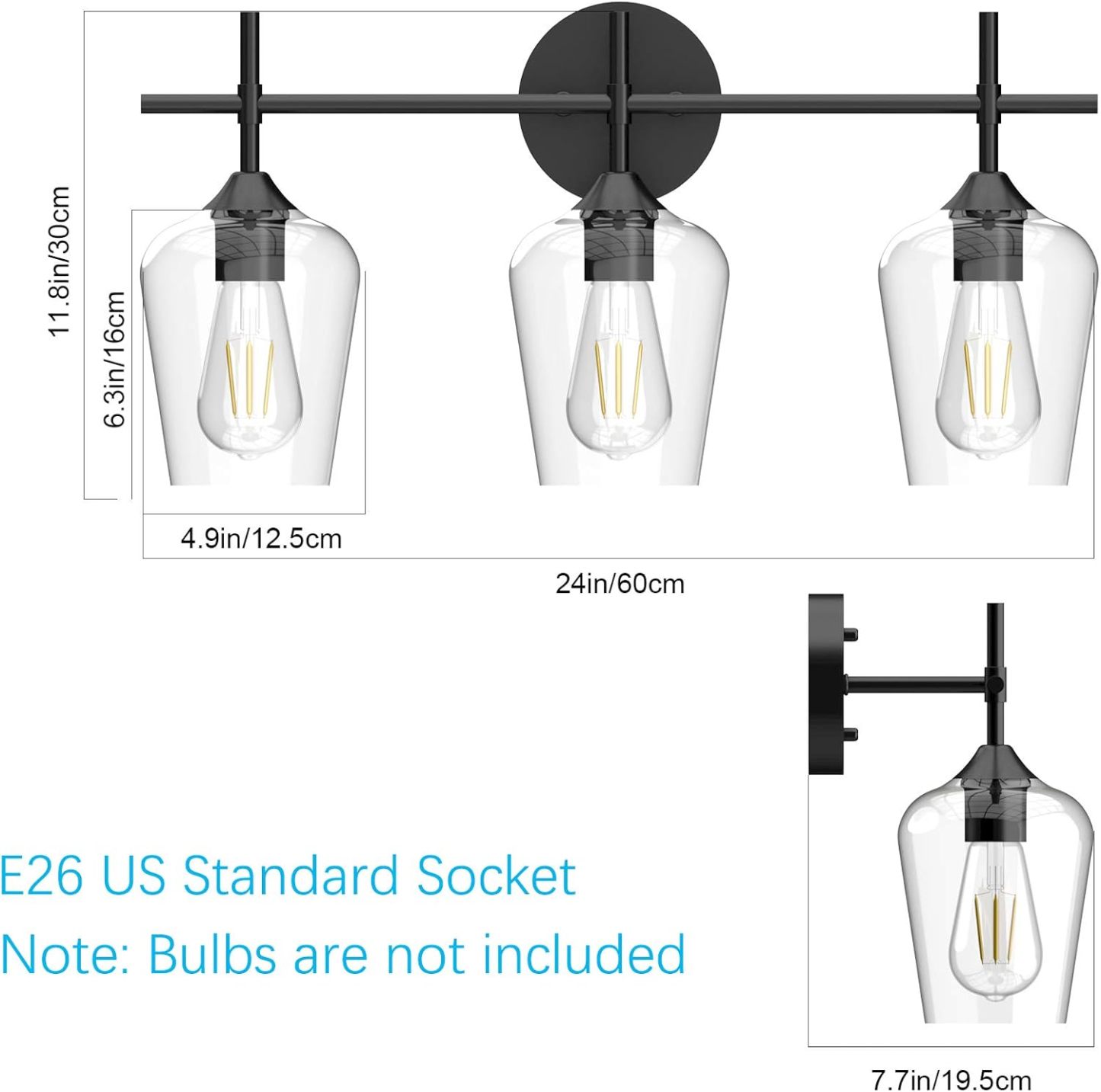 Industrial Bathroom Vanity Light Fixtures 3-Lights Matte Black with Clear Glass Vintage Edison Wall Lamp Light Fixture for Bathroom