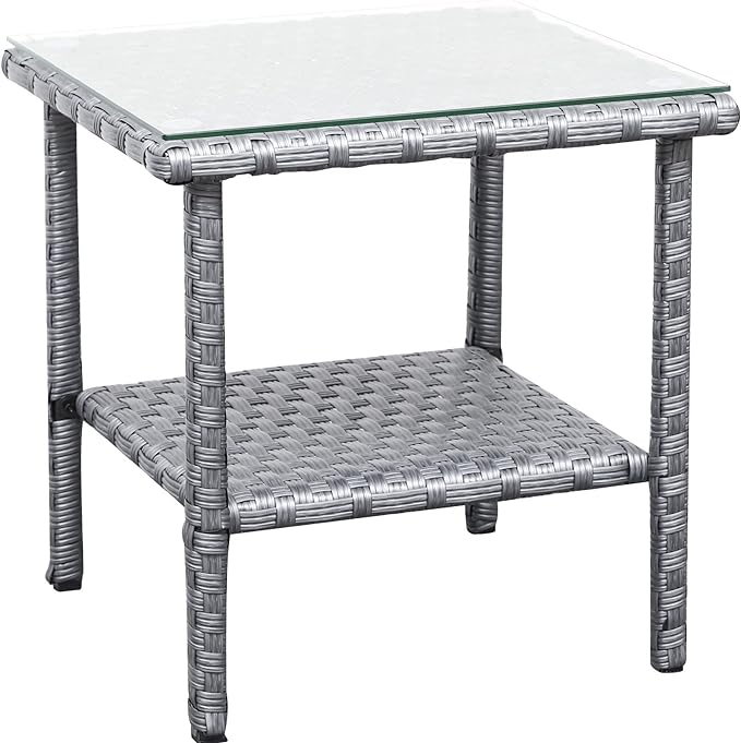 Outdoor Wicker Glass Top Side Table - Patio Rattan Square End Table with Storage
