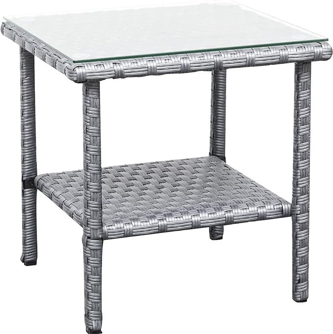 Outdoor Wicker Glass Top Side Table - Patio Rattan Square End Table with Storage
