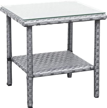 Outdoor Wicker Glass Top Side Table - Patio Rattan Square End Table with Storage
