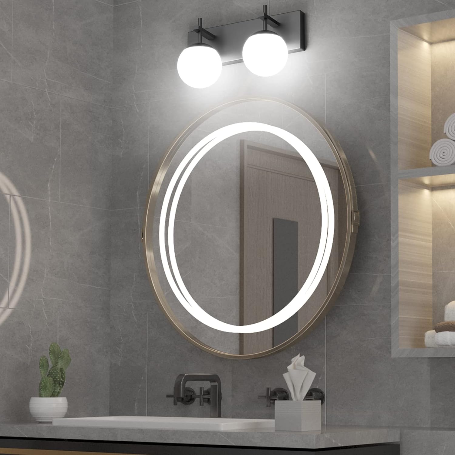 Matte Black Bathroom Wall Light Fitures 2-Light Mid Century Modern Bathroom Lighting Black Milky Glass Globe Vanity Light for Bathroom