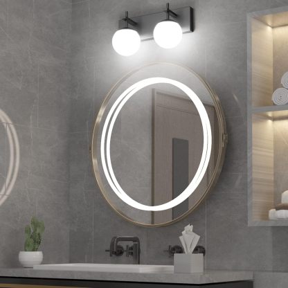 Matte Black Bathroom Wall Light Fitures 2-Light Mid Century Modern Bathroom Lighting Black Milky Glass Globe Vanity Light for Bathroom