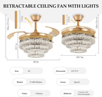 42" Modern Crystal Ceiling Fan with Lights, 3-Blade Gold Retractable Ceiling Fans Remote/APP Control, 6 Speeds Dimmable LED Fandelier