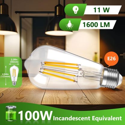 Dimmable LED Edison Light Bulbs,E26 Standard Base 11W 1600Lumens High Brightness Filament Bulb Equivalent 100W,2700K Warmwhite Vintage LED Bulbs for Household or Commercial,ST58,110V,3pcs