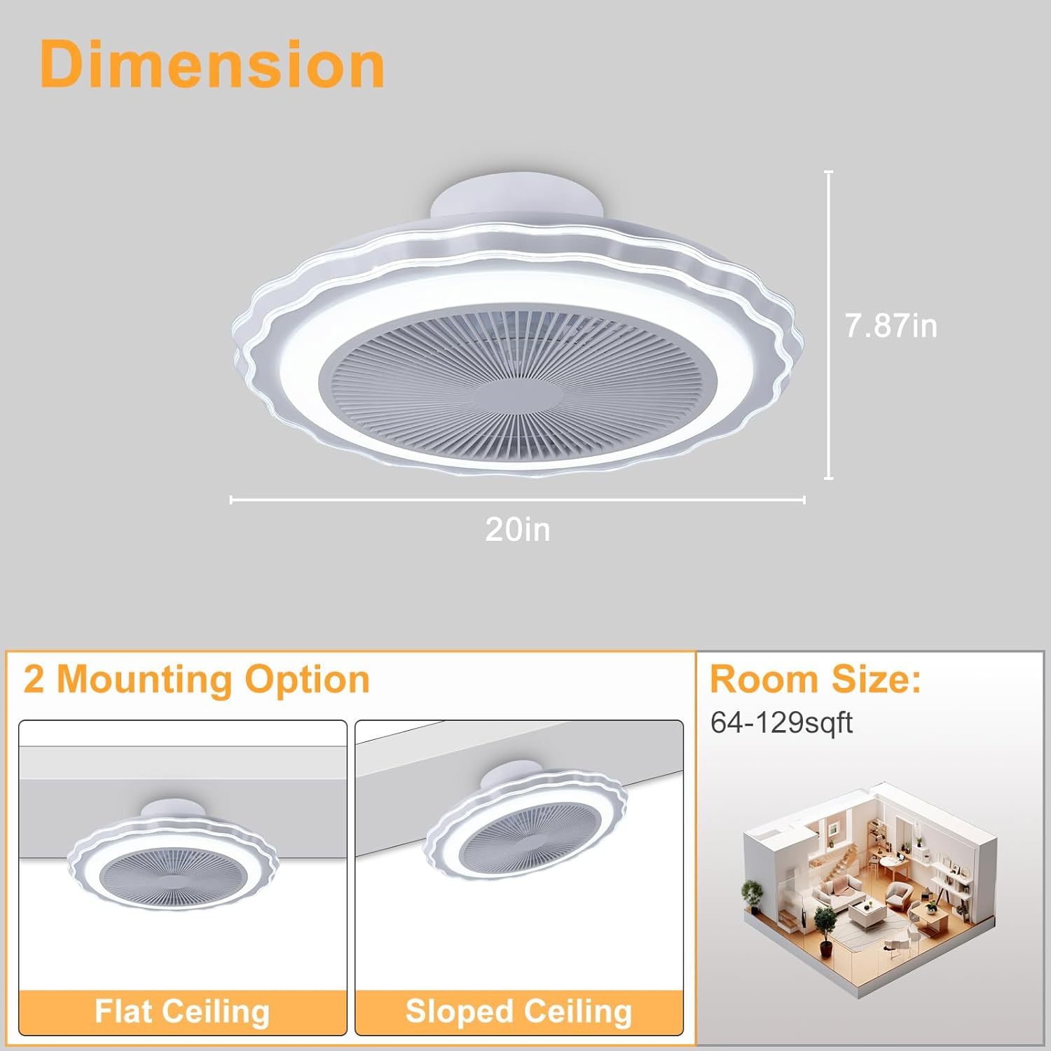 Ceiling Fan Mount for Bedroom: 20 Inch Bladeless Ceiling Fan with Light and Remote for Living Room Kitchen Dining Room