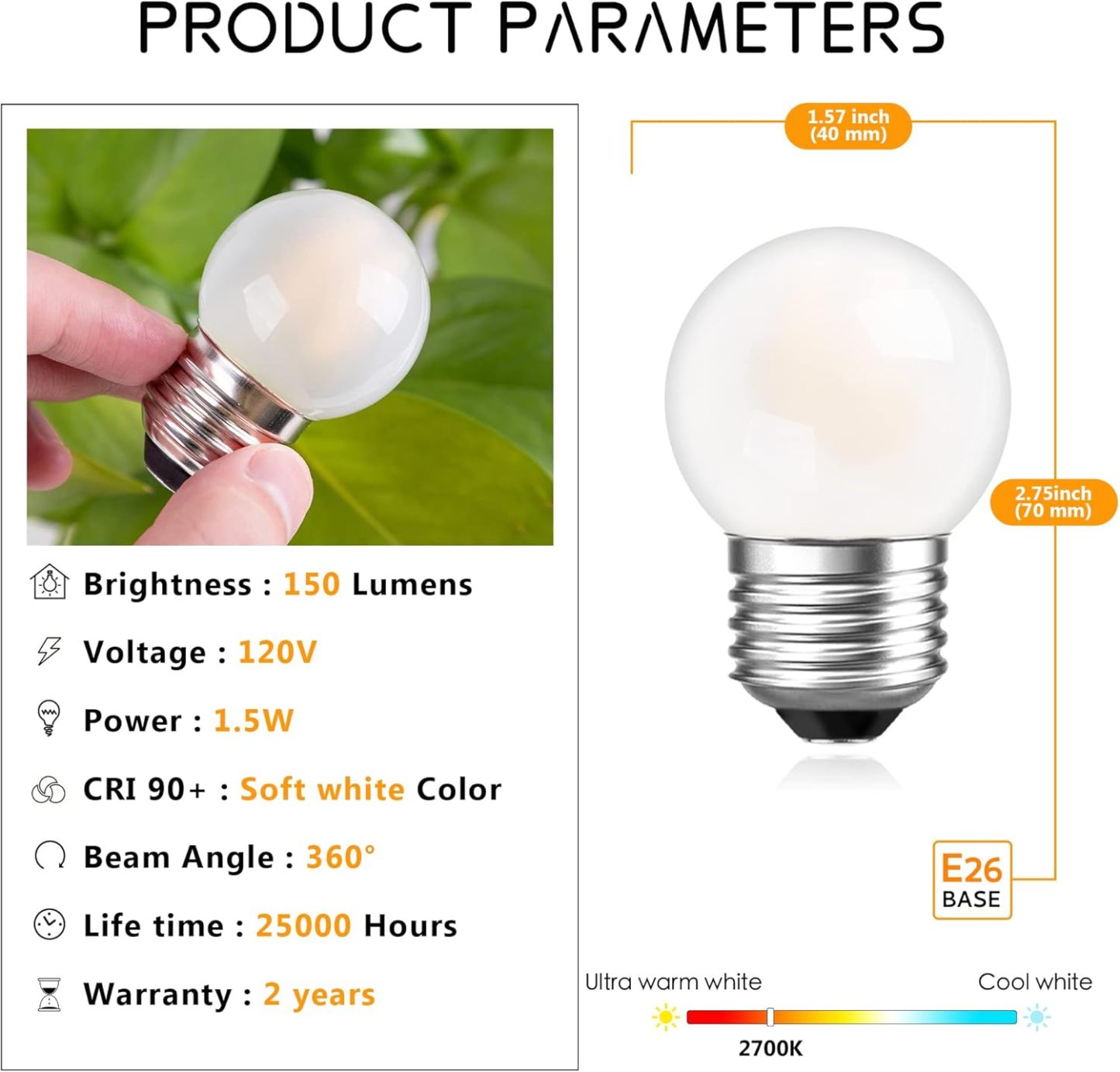 G40 Low Watt Small Led Light Bulbs 1.5w Small Edison Filament Led Bulbs 15 Watt Equivalent E26 Standard Base Warm White 2700K 150 Lumen for Bedroom Bathroom Wall Sconces Table Lamp, 2 Pack