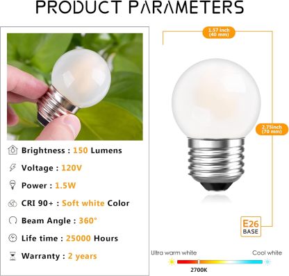 G40 Low Watt Small Led Light Bulbs 1.5w Small Edison Filament Led Bulbs 15 Watt Equivalent E26 Standard Base Warm White 2700K 150 Lumen for Bedroom Bathroom Wall Sconces Table Lamp, 2 Pack