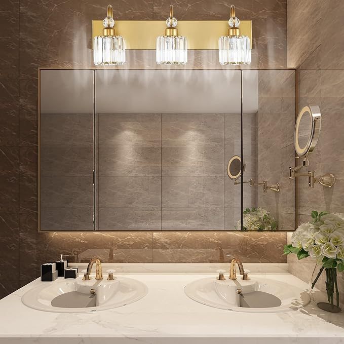 Gold Bathroom Vanity Lights 3-Lights Gold Crystal Vanity Lights Over Mirror Modern Crystal Bathroom Vanity Lighting Fixtures
