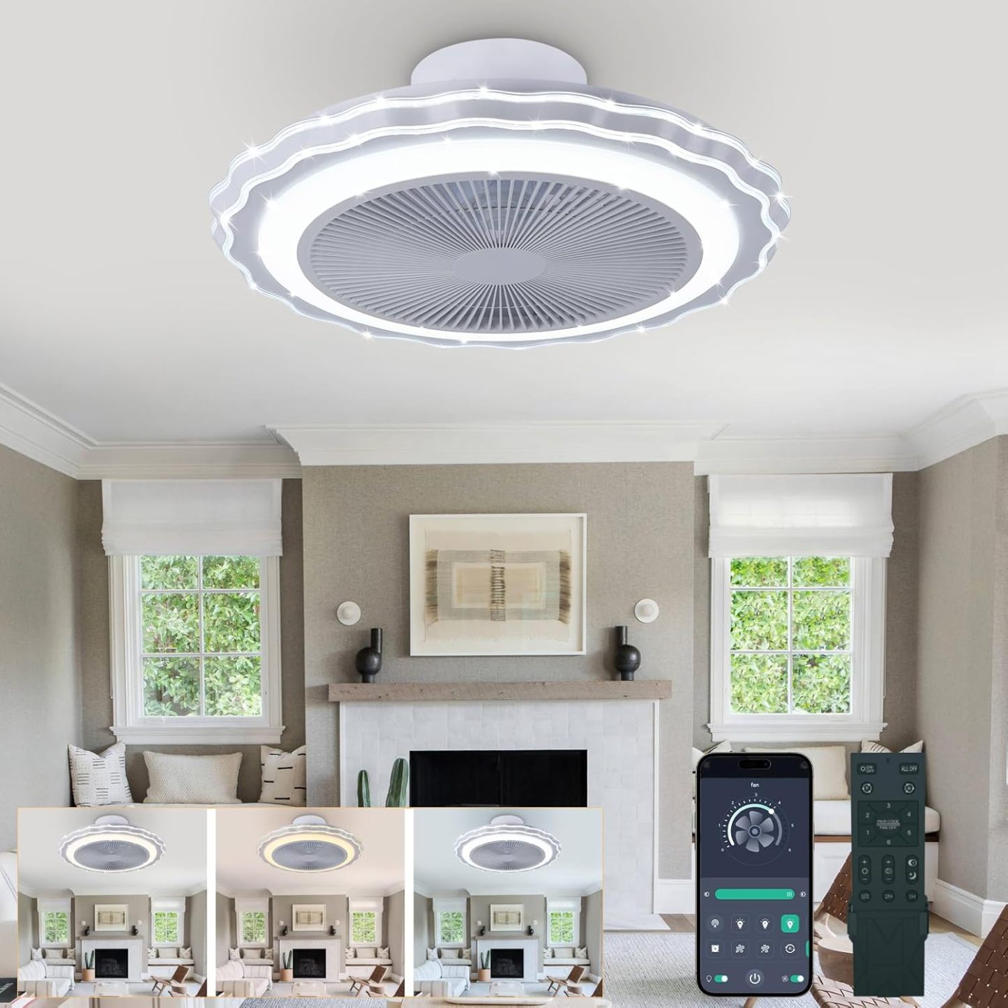 Ceiling Fan Mount for Bedroom: 20 Inch Bladeless Ceiling Fan with Light and Remote for Living Room Kitchen Dining Room