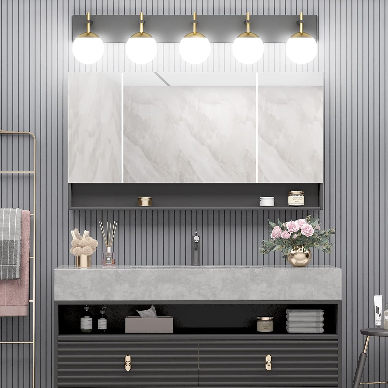 Mid Century Modern Vanity Lights for Bathroom 5-Light Milky Glass Globe Modern Bathroom Vanity Lights Over Long Mirror, Black/Golden Bathroom Wall Light Fixture (Exclude Bulb)