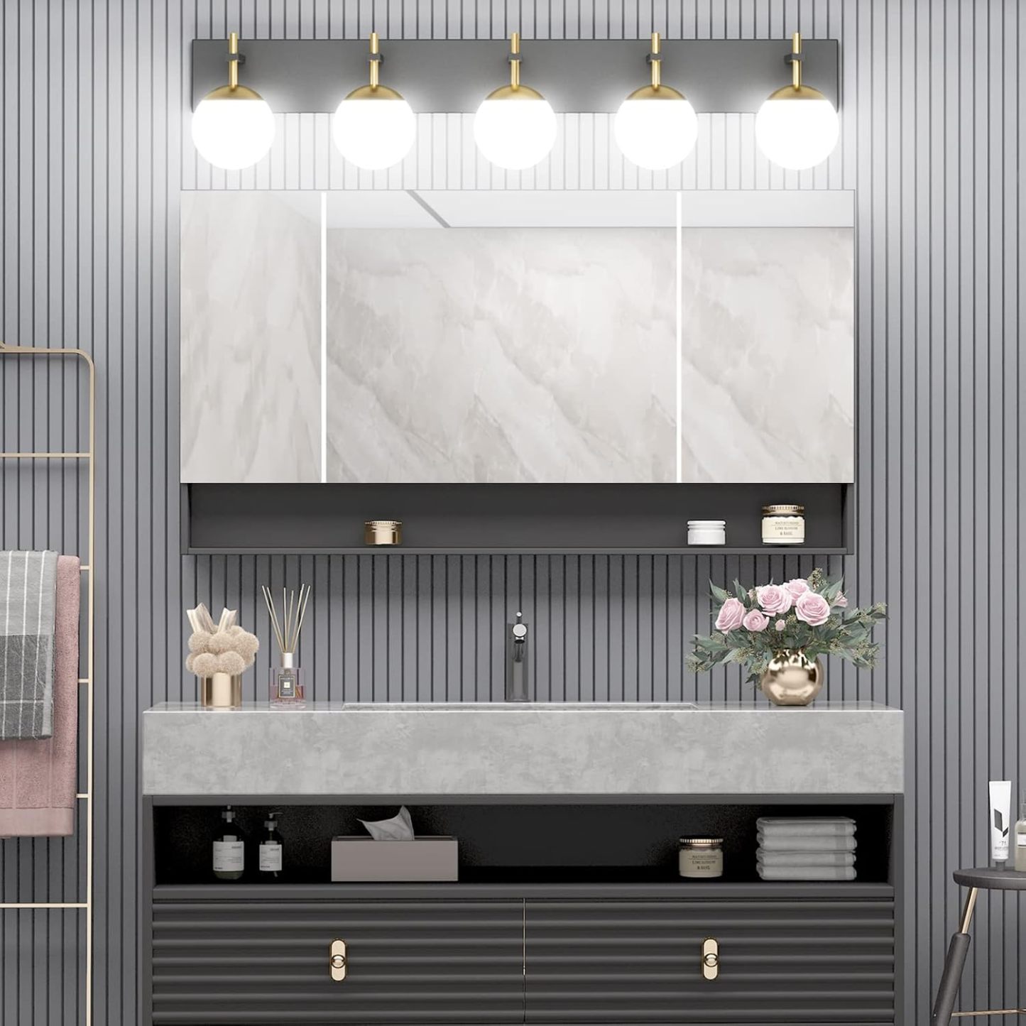 Mid Century Modern Vanity Lights for Bathroom 5-Light Milky Glass Globe Modern Bathroom Vanity Lights Over Long Mirror, Black/Golden Bathroom Wall Light Fixture (Exclude Bulb)