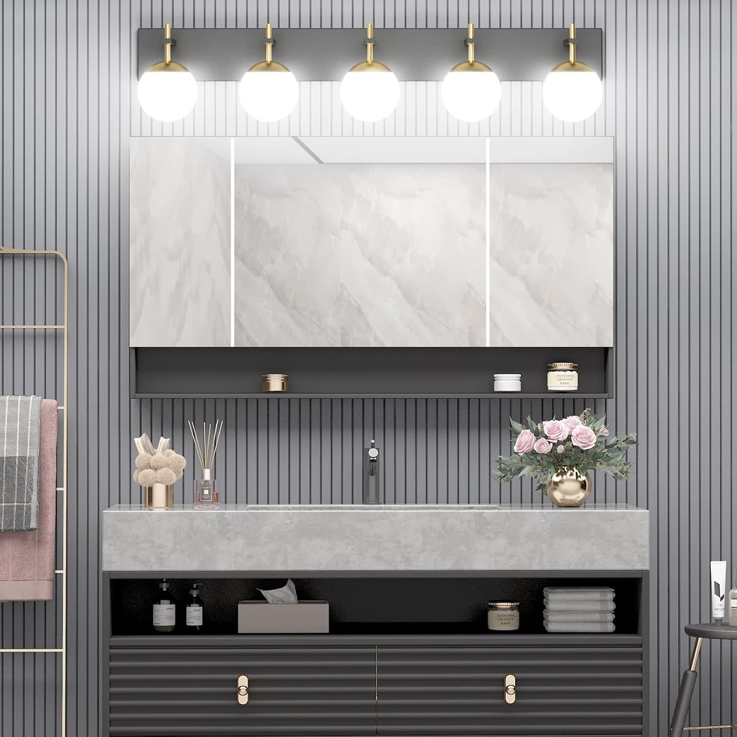 Mid Century Modern Vanity Lights for Bathroom 5-Light Milky Glass Globe Modern Bathroom Vanity Lights Over Long Mirror, Black/Golden Bathroom Wall Light Fixture (Exclude Bulb)