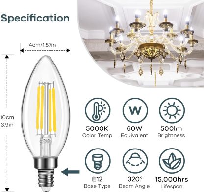 E12 Candelabra LED Light Bulbs 60W Equivalent, B11 Dimmable Chandelier Light Bulbs, 6 Packs