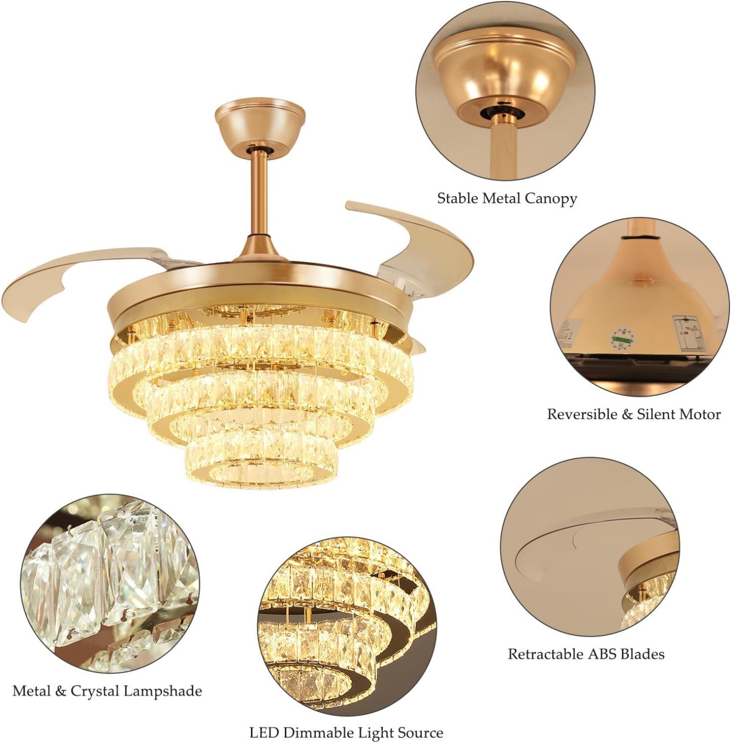 42" Modern Crystal Ceiling Fan with Lights, 3-Blade Gold Retractable Ceiling Fans Remote/APP Control, 6 Speeds Dimmable LED Fandelier