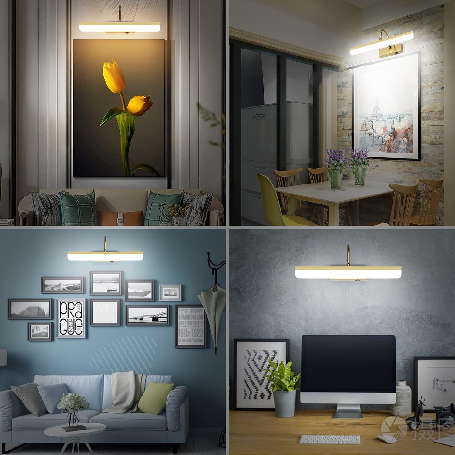 Battery Operated Picture Light Gold Modern LED Dimmable Picture Light with Remote Control Painting Light, 3 Lighting Modes, Rechargeable Battery Pictures Light with Timer