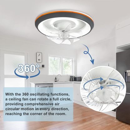 19'' Modern Ceiling Fans with Lights, 360-Degree Rotation Low Profile Ceiling Fans with Lights and Remote, Dimmable LED Reversible Timing, 3 Colors 6 Speeds Bladeless for Bedroom, Kitchen, Grey