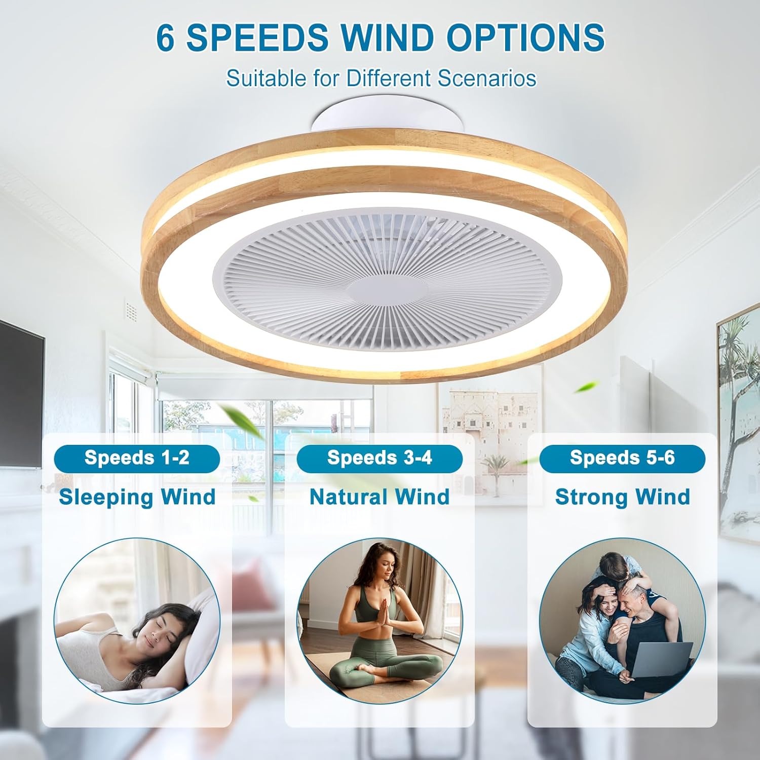 Ceiling Fan Mount for Bedroom: 20 Inch Wooden Bladeless Ceiling Fan with Light and Remote for Living Room Kitche - Modern Enclosed Led Fandelier with App Reversible 6 Wind Speed Dimmable