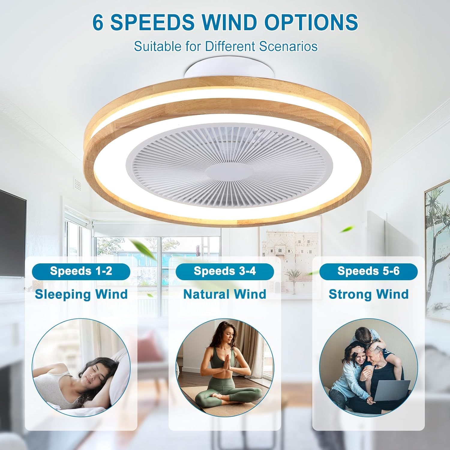 Ceiling Fan Mount for Bedroom: 20 Inch Wooden Bladeless Ceiling Fan with Light and Remote for Living Room Kitche - Modern Enclosed Led Fandelier with App Reversible 6 Wind Speed Dimmable