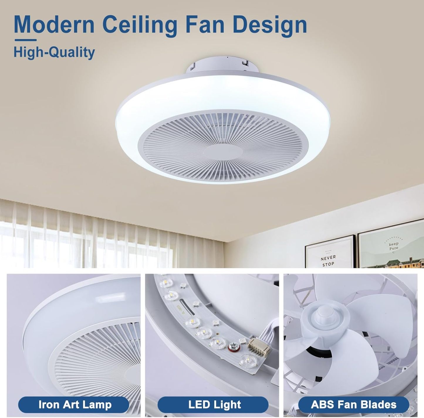 Ceiling Fan Mount for Bedroom: 18 Inch Bladeless Ceiling Fan with RGB Light and Remote for Living Room Kitchen Dining Room