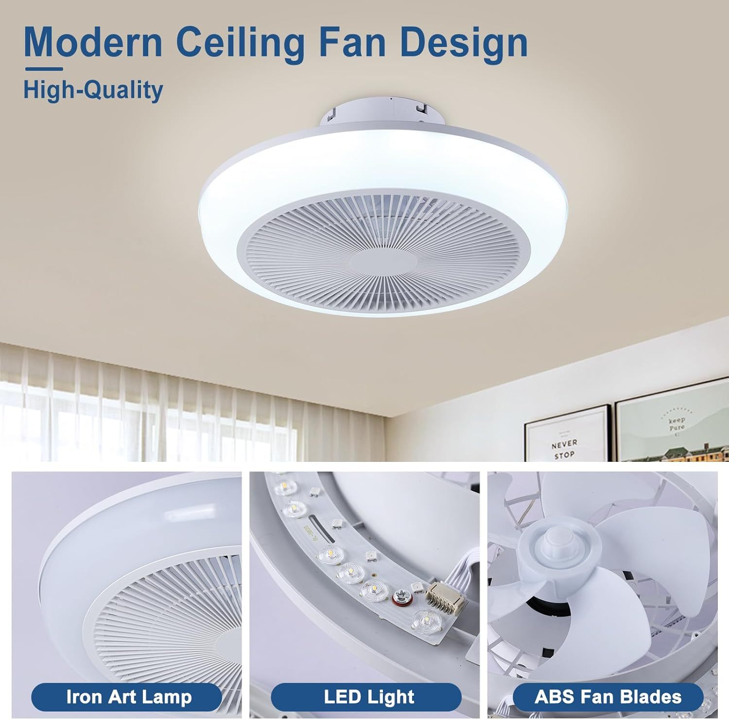 Ceiling Fan Mount for Bedroom: 18 Inch Bladeless Ceiling Fan with RGB Light and Remote for Living Room Kitchen Dining Room