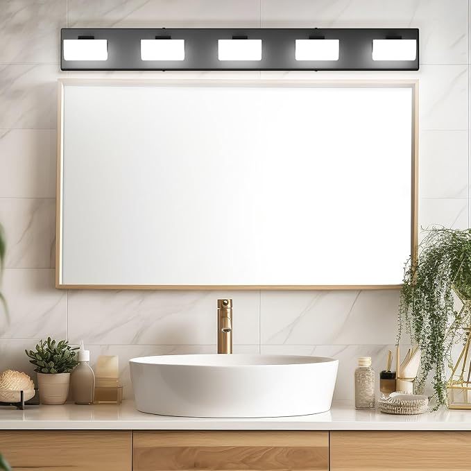 Modern Black Vanity Lights 5 Light Matte Black Modern Acrylic Bathroom Wall Lighting Fixtures Over Mirror (White Light 6000K)
