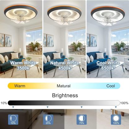 19'' Modern Ceiling Fans with Lights, 360-Degree Rotation Low Profile Ceiling Fans with Lights and Remote, Dimmable LED Reversible Timing, 3 Colors 6 Speeds Bladeless for Bedroom, Kitchen, Grey
