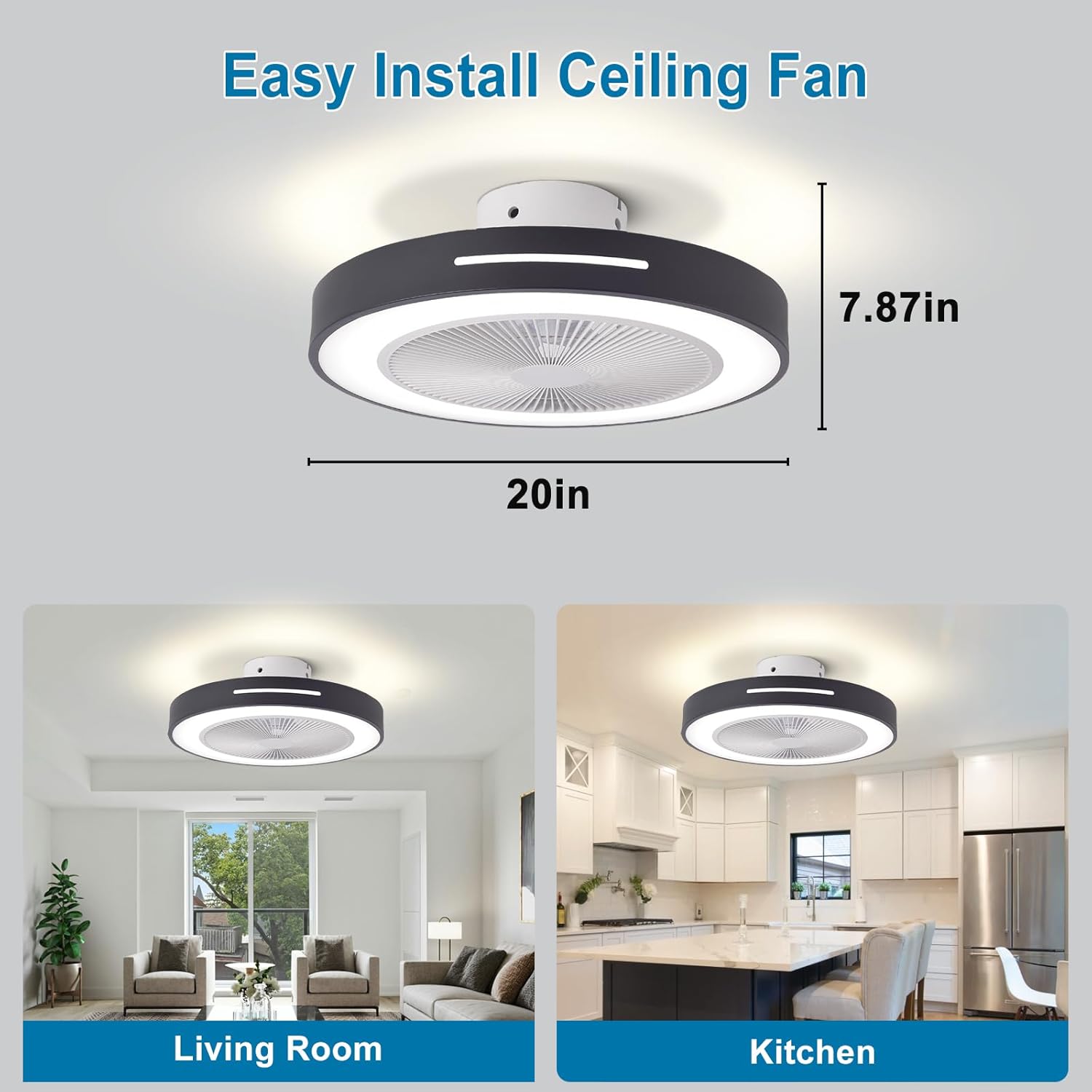 Ceiling Fan Mount for Bedroom: 20 Inch Bladeless Ceiling Fan with Led Light and Remote for Living Room Kitchen Dining Room