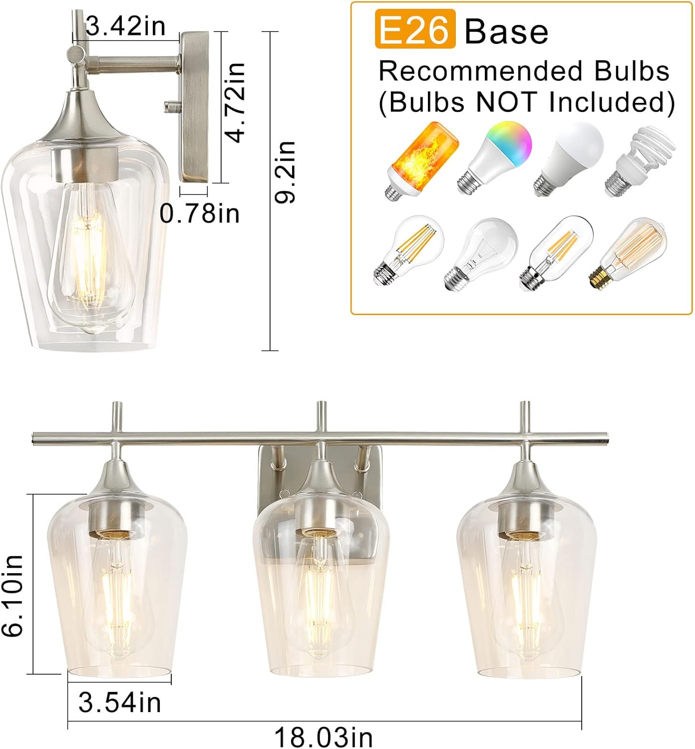 3-Light Bathroom Light Fixtures, Brushed Nickel Vanity Lighting, Metal Bath Wall Mounted Lights, Modern Wall Sconces Light with Glass Shades