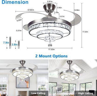 42'' Crystal Ceiling Fan with Light, 36W Modern Reversible Ceiling Fan Remote, 3-Blade Retractable LED Fan Chandelier