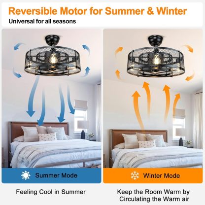 20 Inch Caged Ceiling Fan with Light, Farmhouse Ceiling Fan Lights with Remote, Industrial Ceiling Fans for Living Room, Bedroom, Kitchen, 6 Speeds Wind, Timer, 4xE26 Bulb Base, Black (No Bulb)