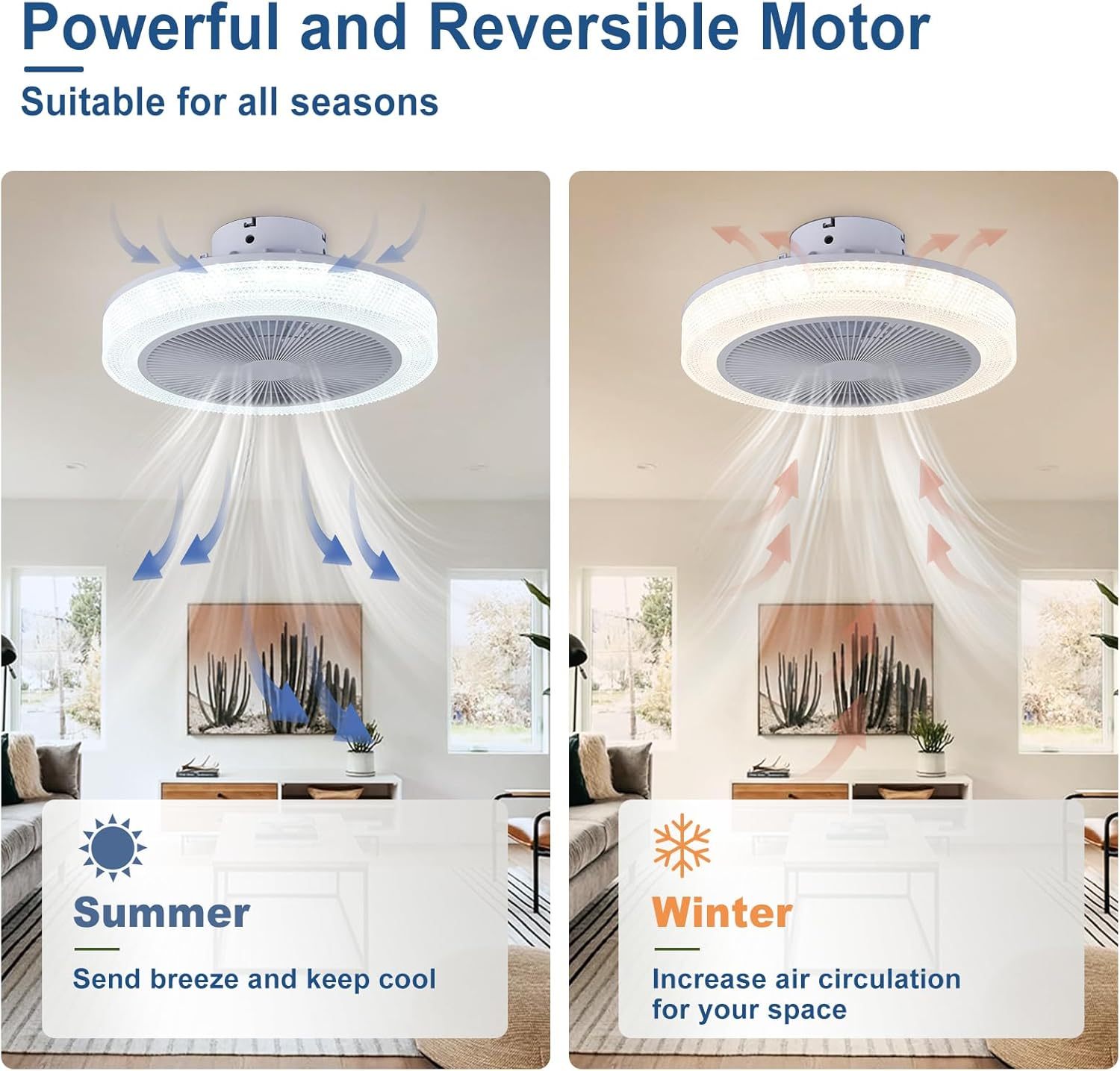 Low Profile Ceiling Fan: 18 Inch Flush Mount Bladeless RGB Ceiling Fan with Light and Remote for Bedroom Living Room Kitchen