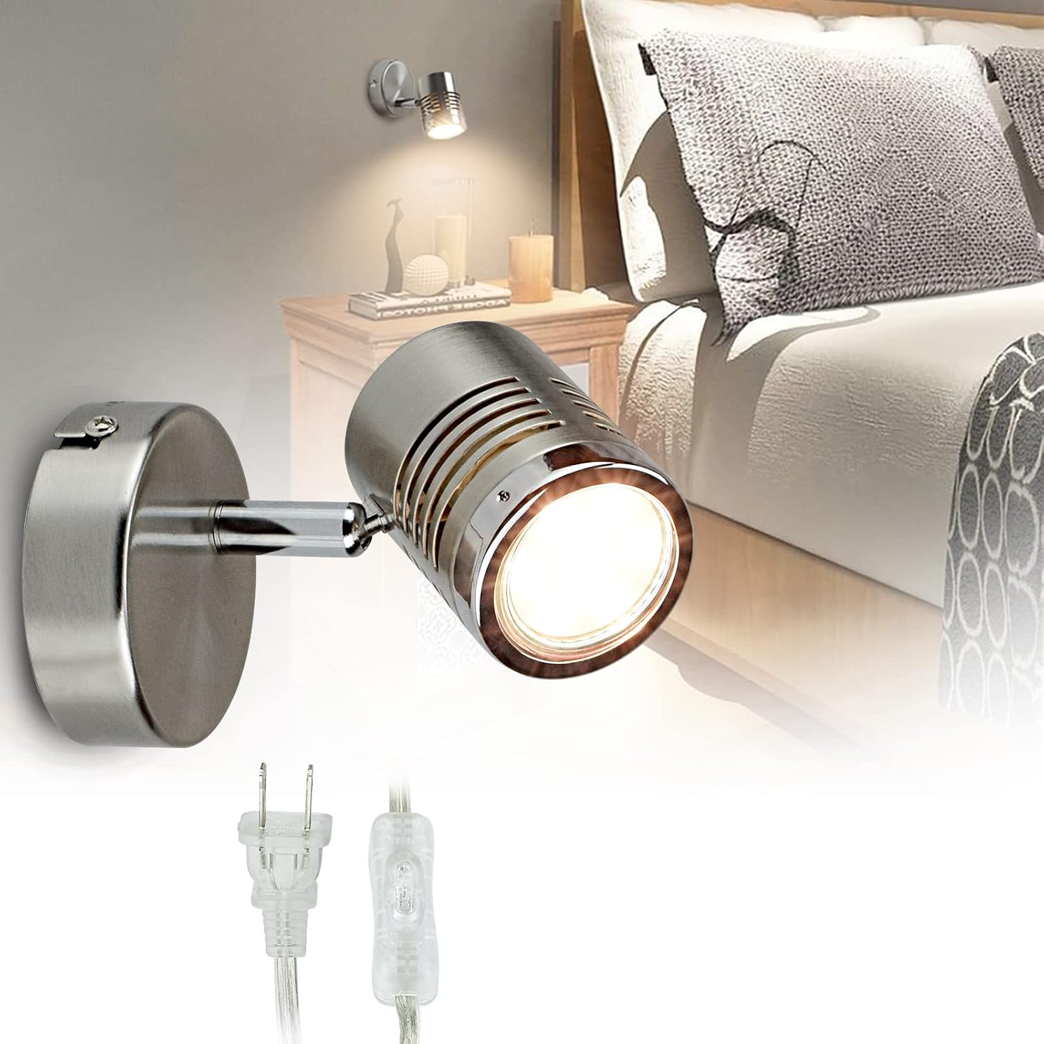 Mini Directional Wall Spot Light, Adjustable Flush Mount Ceiling Plug Track Lighting for Bedside, Hallway