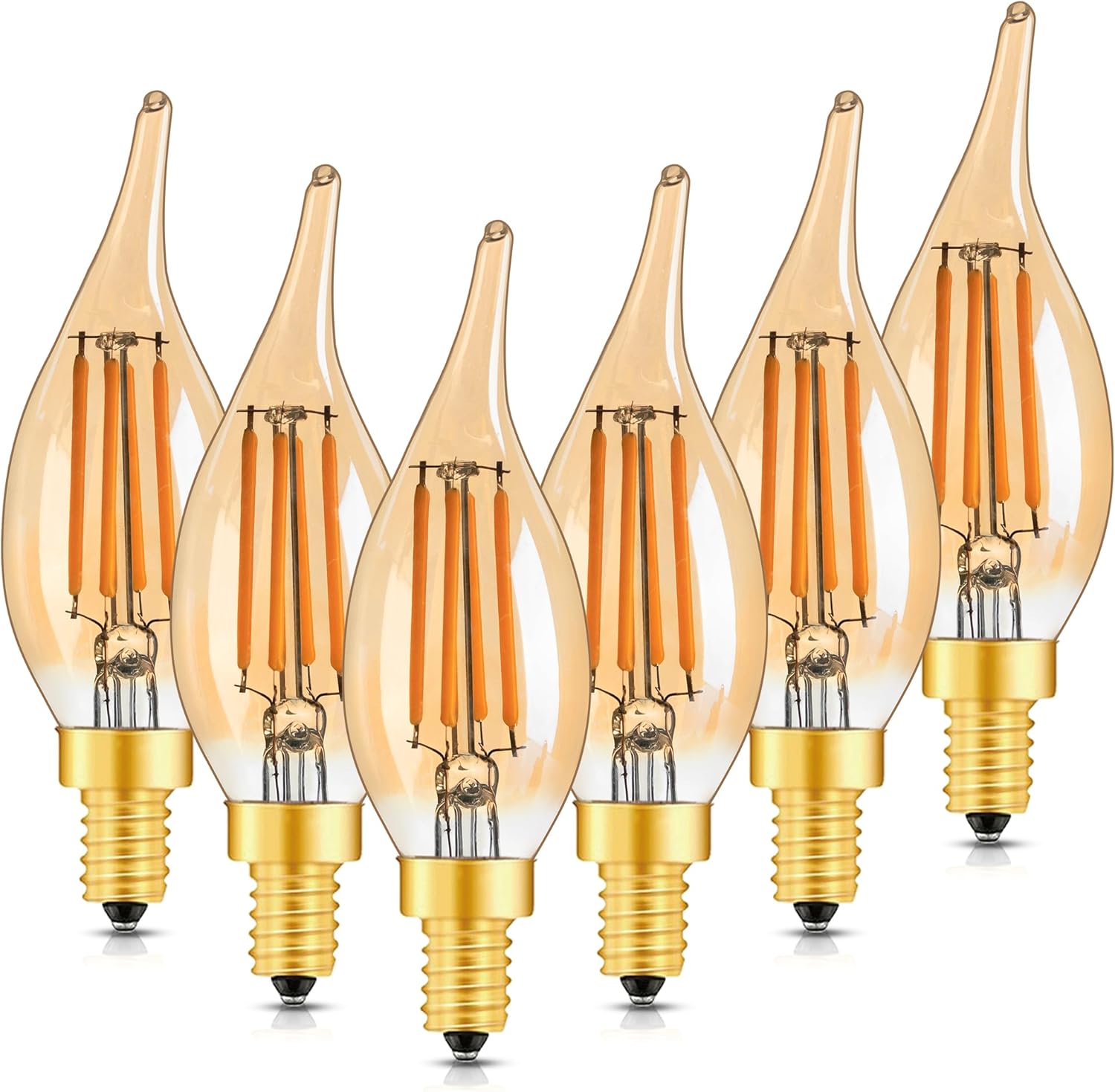 Dimmable E12 Candelabra LED Light Bulbs 4W Type B Amber Flame Tip Vintage Chandelier Bulbs Equal to 40Watt Incandescent,2200K Warm White CA10 Candle Bulb for Decor Lighting, 550Lumen,6Pack