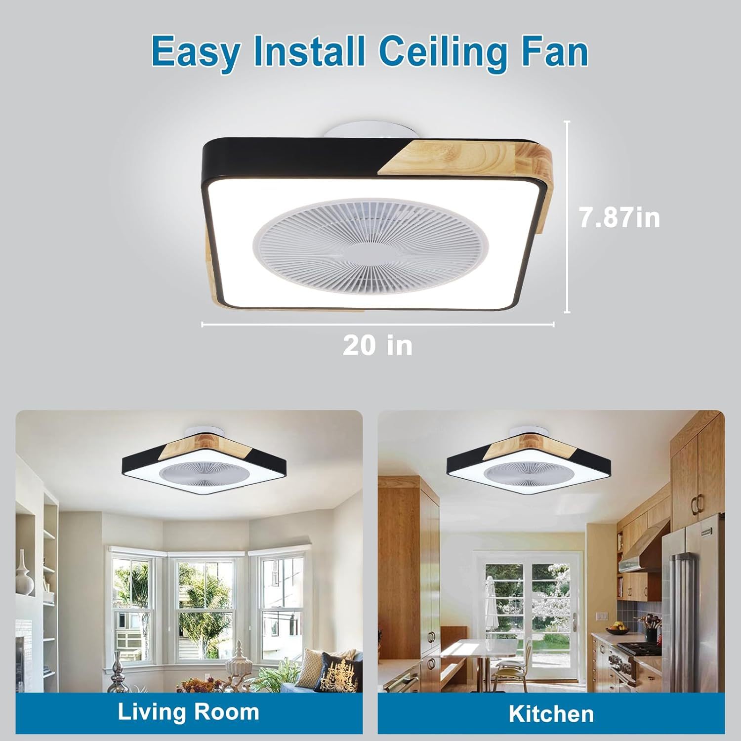 Ceiling Fan Mount for Bedroom: 20 Inch Square Bladeless Ceiling Fan with Light and Remote for Living Room Kitchen Dining Room - Modern Enclosed Led Fandelier with App Timing Dimmable Black