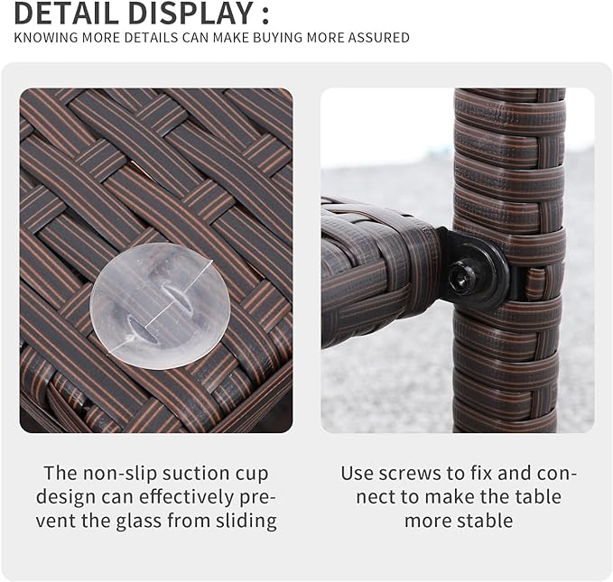 Outdoor Wicker Glass Top Side Table - Garden Metal Square Tea Table with Storage