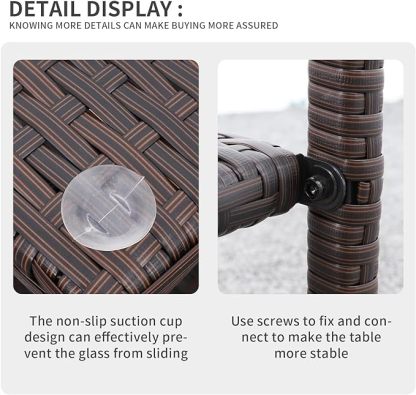 Outdoor Wicker Glass Top Side Table - Garden Metal Square Tea Table with Storage