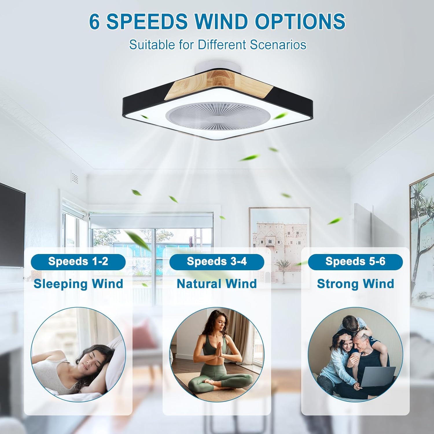 Ceiling Fan Mount for Bedroom: 20 Inch Square Bladeless Ceiling Fan with Light and Remote for Living Room Kitchen Dining Room - Modern Enclosed Led Fandelier with App Timing Dimmable Black