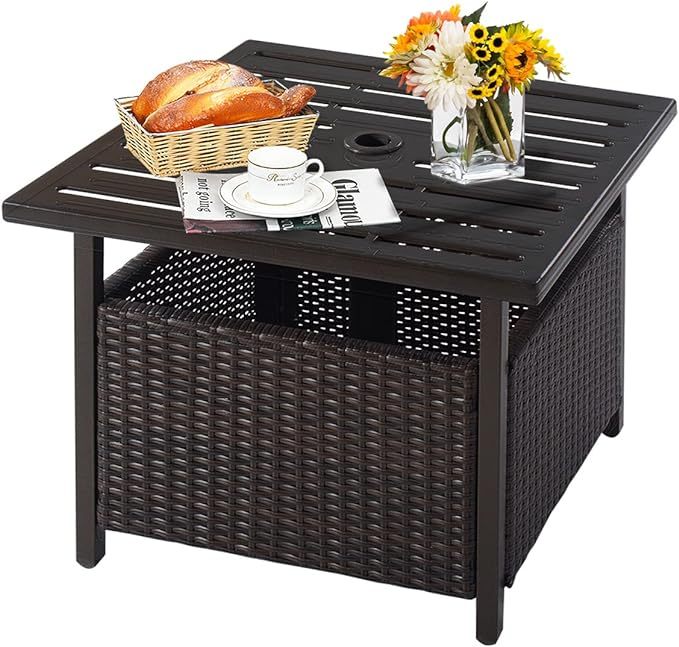 PE Rattan Side Table, Patio End Table w/ 1.6'' Umbrella Hole, All Weather Wicker Umbrella Table
