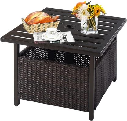 PE Rattan Side Table, Patio End Table w/ 1.6'' Umbrella Hole, All Weather Wicker Umbrella Table