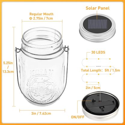 Solar Mason Jar Lights, 12 Pack 30 Led String Fairy Lights Garden Lights Outdoor Waterproof Metal Lid Hanging Solar Lanterns for Outdoor, Garden, Patio, Lawn, Balcony Decoration