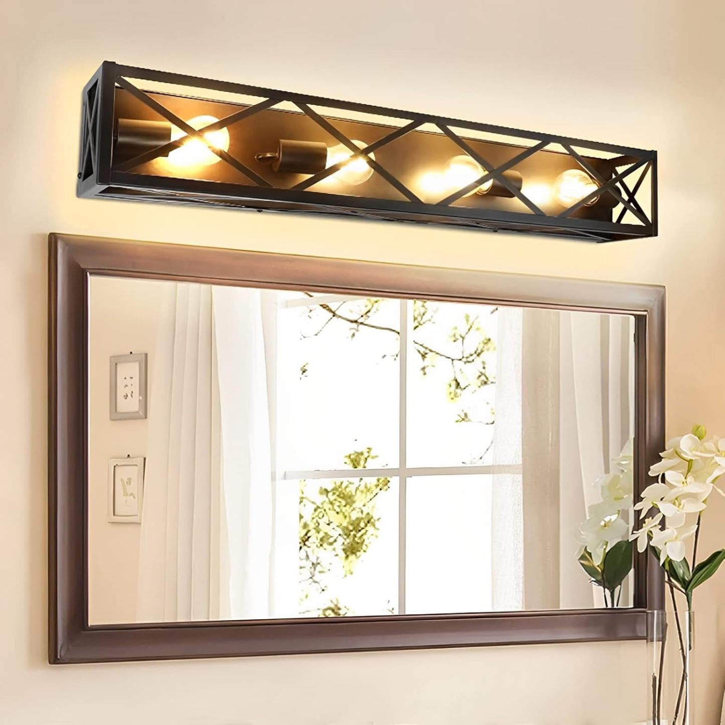 4-Light Industrial Vanity Lights, Bathroom Wall Mount Light Porch Wall Sconces Lamp, Vintage Brown Metal Farmhouse Wall Lighting Fixture