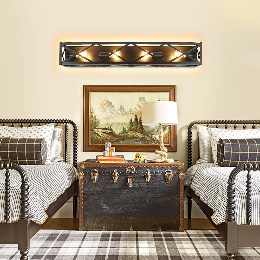 4-Light Industrial Vanity Lights, Bathroom Wall Mount Light Porch Wall Sconces Lamp, Vintage Brown Metal Farmhouse Wall Lighting Fixture