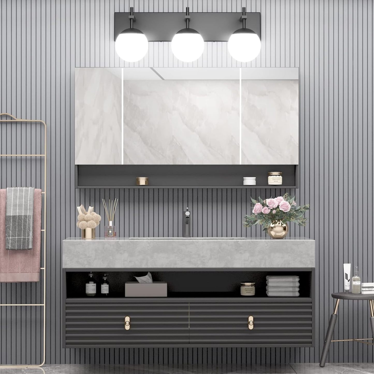 Matte Black Bathroom Vanity Light 3-Light Mid Century Modern Black Bathroom Lights Fixtures Milky Glass Globe Matte Black Bathroom Wall Light Fixture (Exclude Bulb)